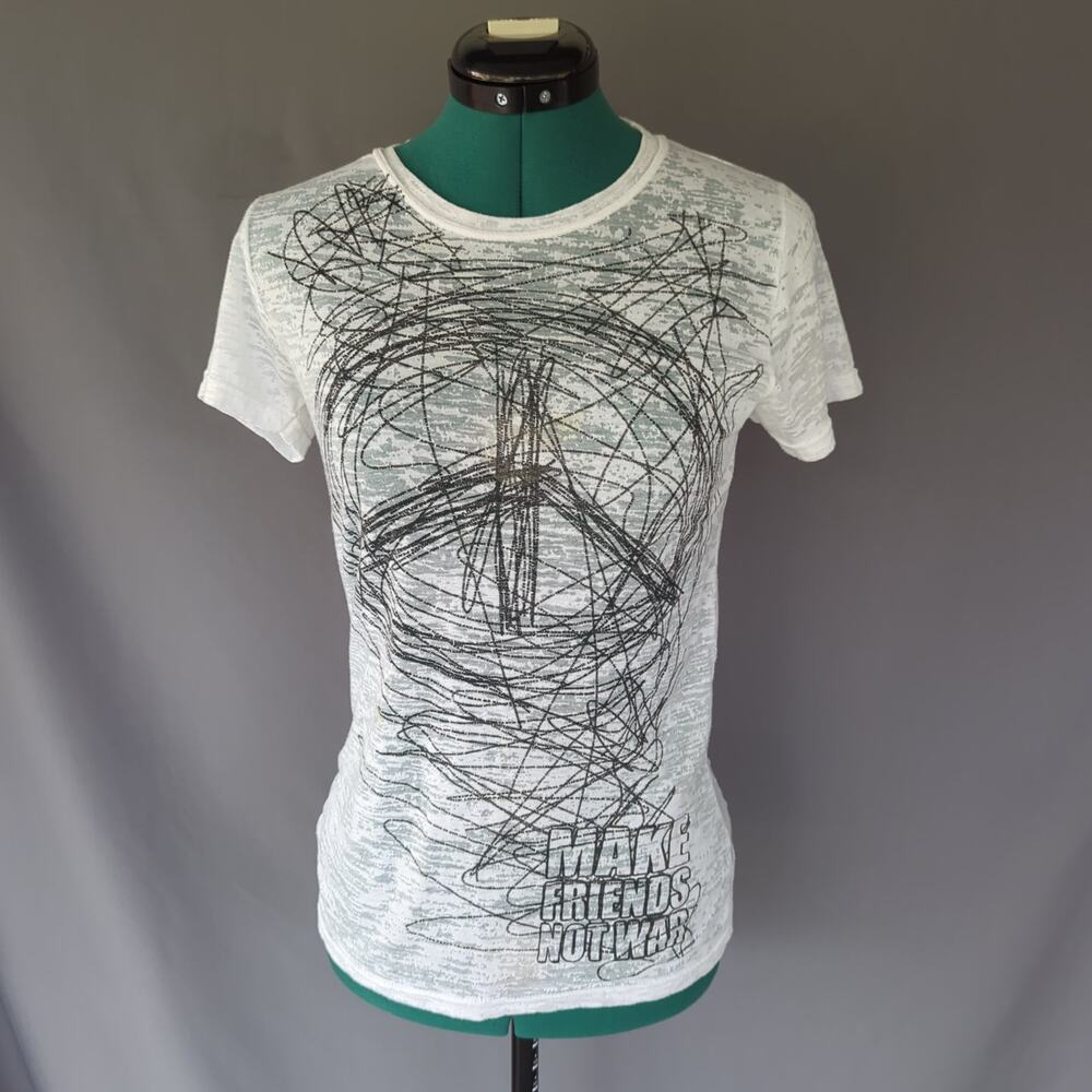 Villains & Heroes Y2K Burnout Peace Sign Graphic Tee Semi Sheer Size M